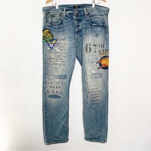 Polo R.L Varick Slim Straight Patchwork Distressed Military Jeans 35 X 30